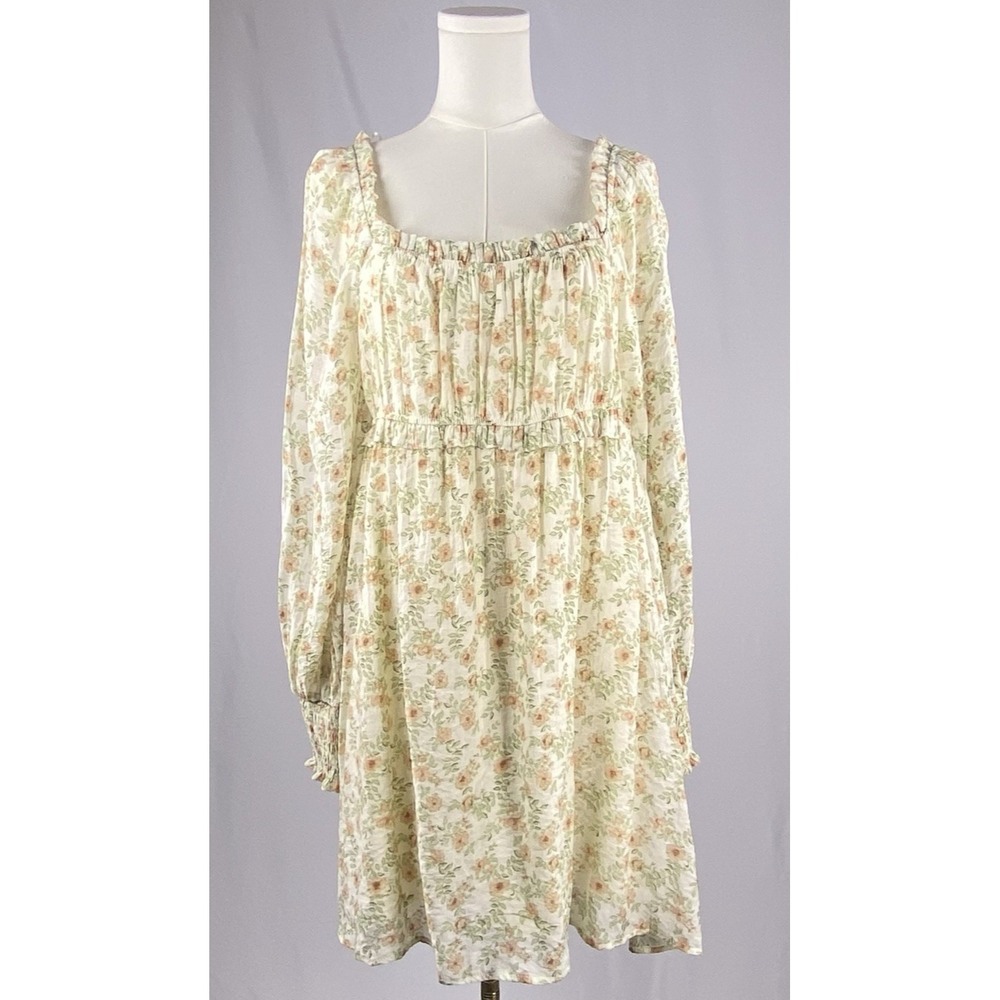 Floral Babydoll Smocked Mini Dress Womens Large Ivory Cottagecore Fairycore Boho